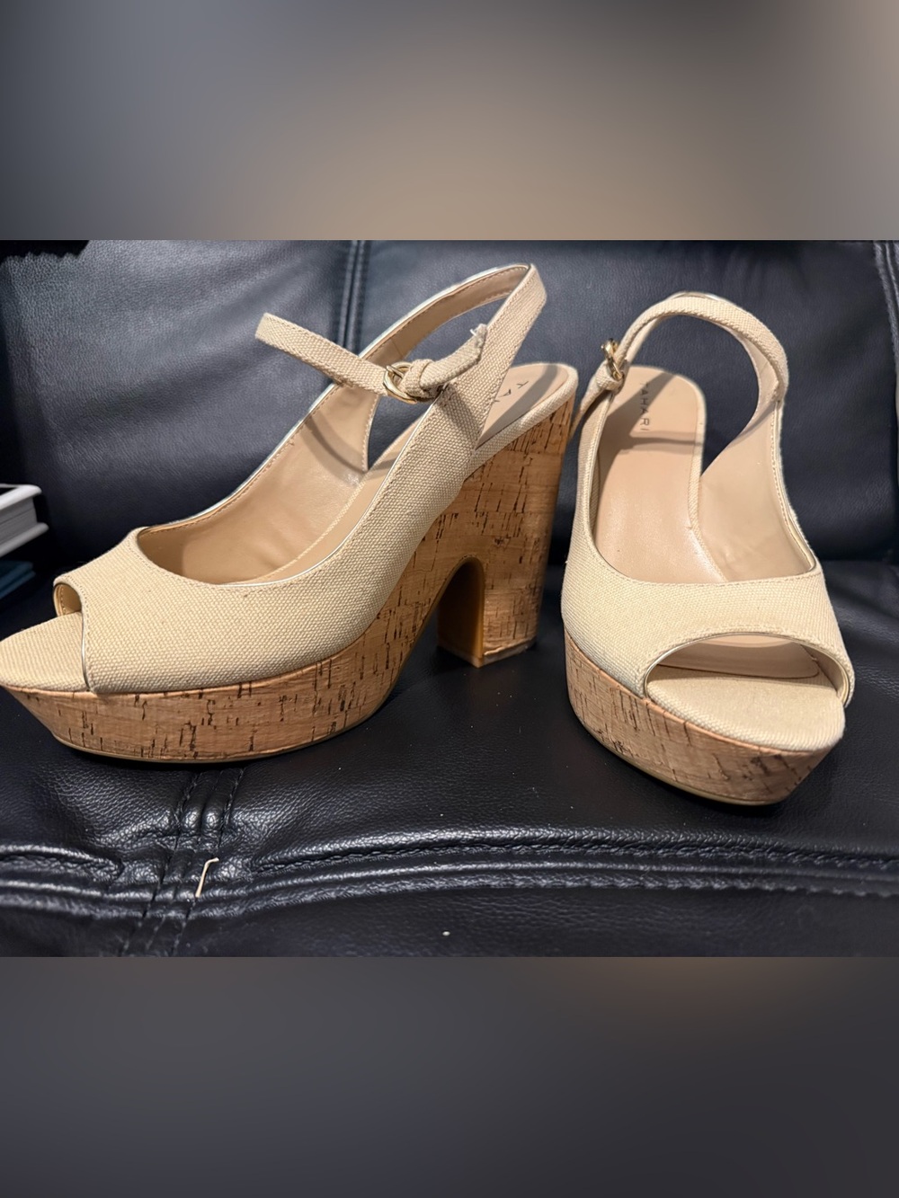 Tahari Misha Cork Platform Heels Size 7M Beige Peep Toe Slingback Sandals